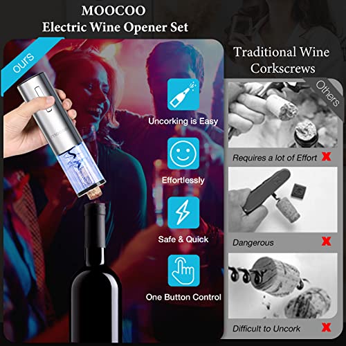 Electric Wine Opener With Charging Base, Moocoo Stainless Steel Automatic Electric Wine Bottle Corkscrew Opener Gift Set With 2-In-1 Aerator & Pourer, Foil Cutter, 2 Vacuum Stoppers, Rechargeable #TOP1