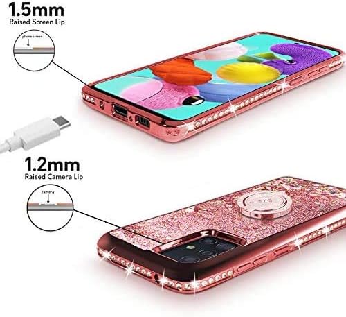 Silverback Galaxy A51 Case, Moving Liquid Holographic Sparkle Glitter Case with Kickstand, Bling Diamond Rhinestone Bumper W/Ring Slim Protective Samsung Galaxy A51 Case for Girls Women -Rose Gold