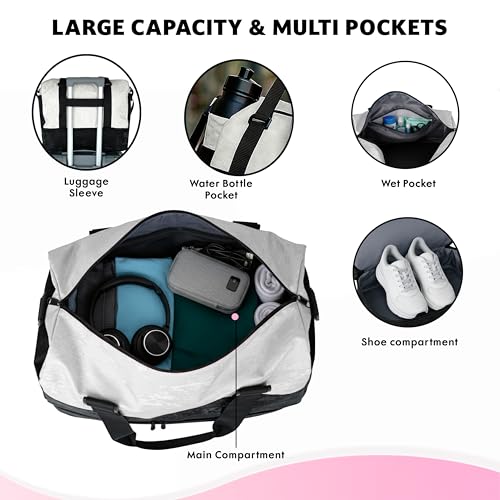 Image of Storite Polyester Duffle Bag with Shoe Compartment, Black /White, 34x23x43cm | Water Resistant, Lightweight, Large Capacity, Spacious Storage, Travel, Gym, Sports, Weekend Trips