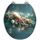 Dekorativer runder WC-Sitz in Form eines mystischen Oktopus und Seestern, aus farbigem Kunstharz, beleuchtet, mit Schnellverschluss-Scharnieren und Deckel, einfach zu installieren.