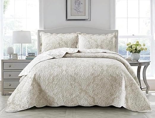 3 PCS Patchwork Bedspread Quilted Bed Throw Single Double King Size Bedding Set (Damask Beige, Single)