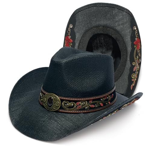 Image of YOUBADU Western Straw Cowboy and Cowgirl Hats with Decorative Bands - Unisex Wide Brim Raffia Style Sun Hat