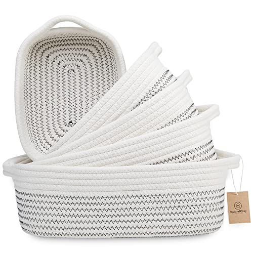Image of NaturalCozy 5-Piece Rectangle Storage Basket Set- Natural Cotton Rope Woven Baskets for Organizing! Small Basket for Montessori, Baby Nursery, Dog Toy Baskets, Cat Toy Box, Bathroom Organization Bin
