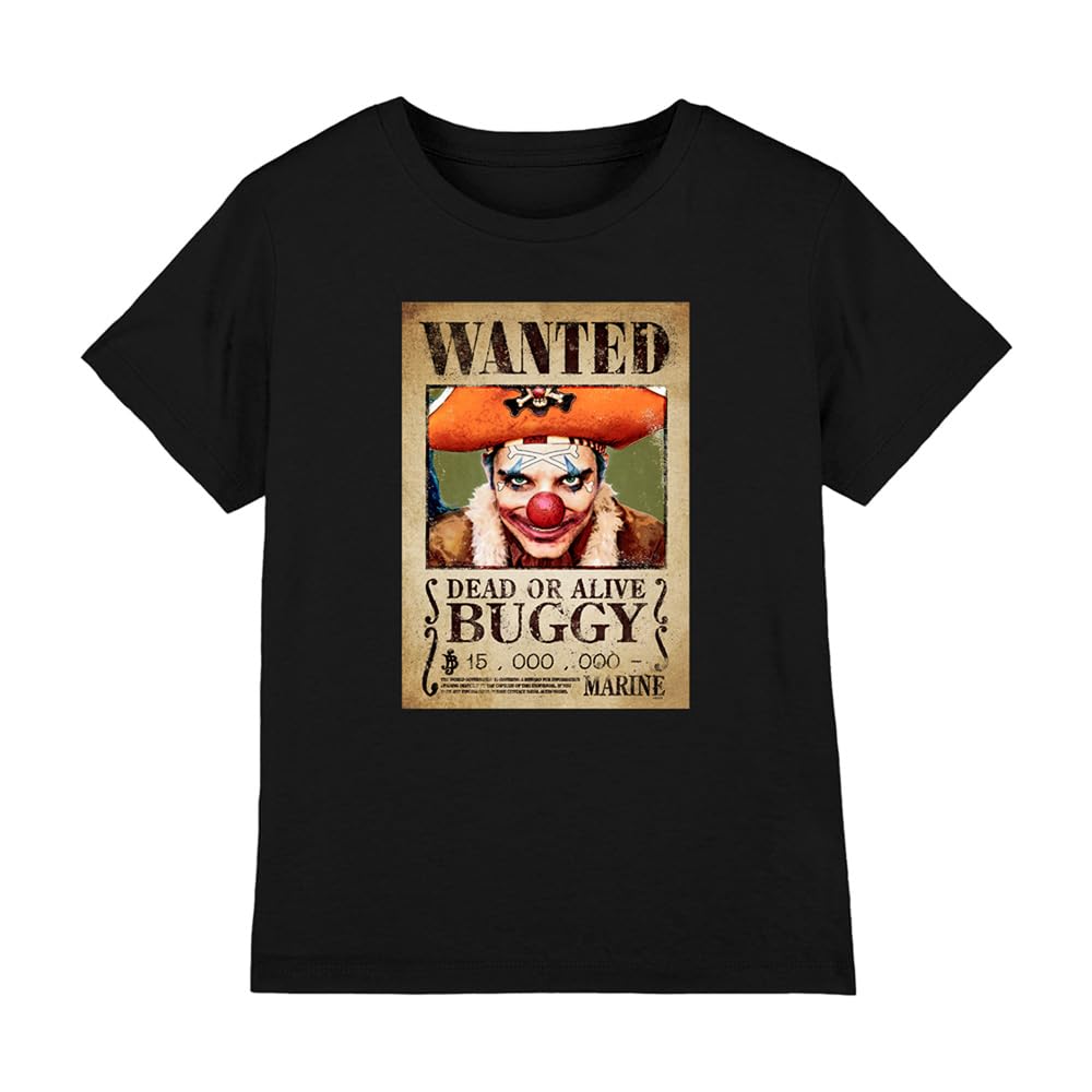 One Piece Buggy The Clown Pirate Wanted Poster Kids T-Shirt, Black, 7-8Y