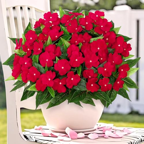 KHOYIME Artificial Flowers for Outdoors, 3PCS Red Fake Impatiens Flower Bouquet Faux Silk Floral Stems Plants Bulk UV Resistant Indoor Decorations for Table Centerpieces Home Garde image 6