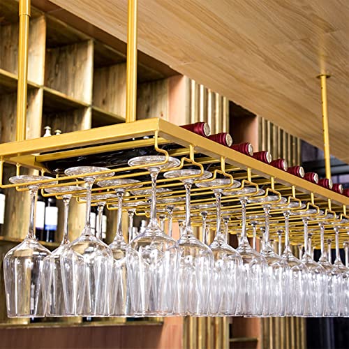 Regulowany złoty sufitowy wiszący stojak na wino - odwrócony uchwyt na kieliszki do wina i półka do przechowywania butelek do domu, kuchni, baru, spiżarni, 80 x 30 cm