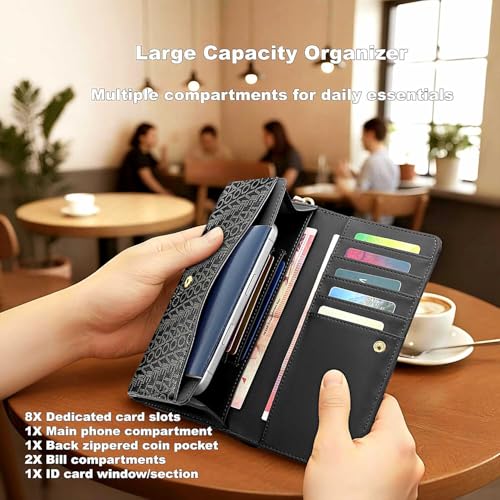 Image of Womens Wallet, RFID Blocking Wristlet Wallets for Women, Large Capacity Leather Clutch Purse for Ladies Daily Use and Travel, Card & Phone Holder - Black