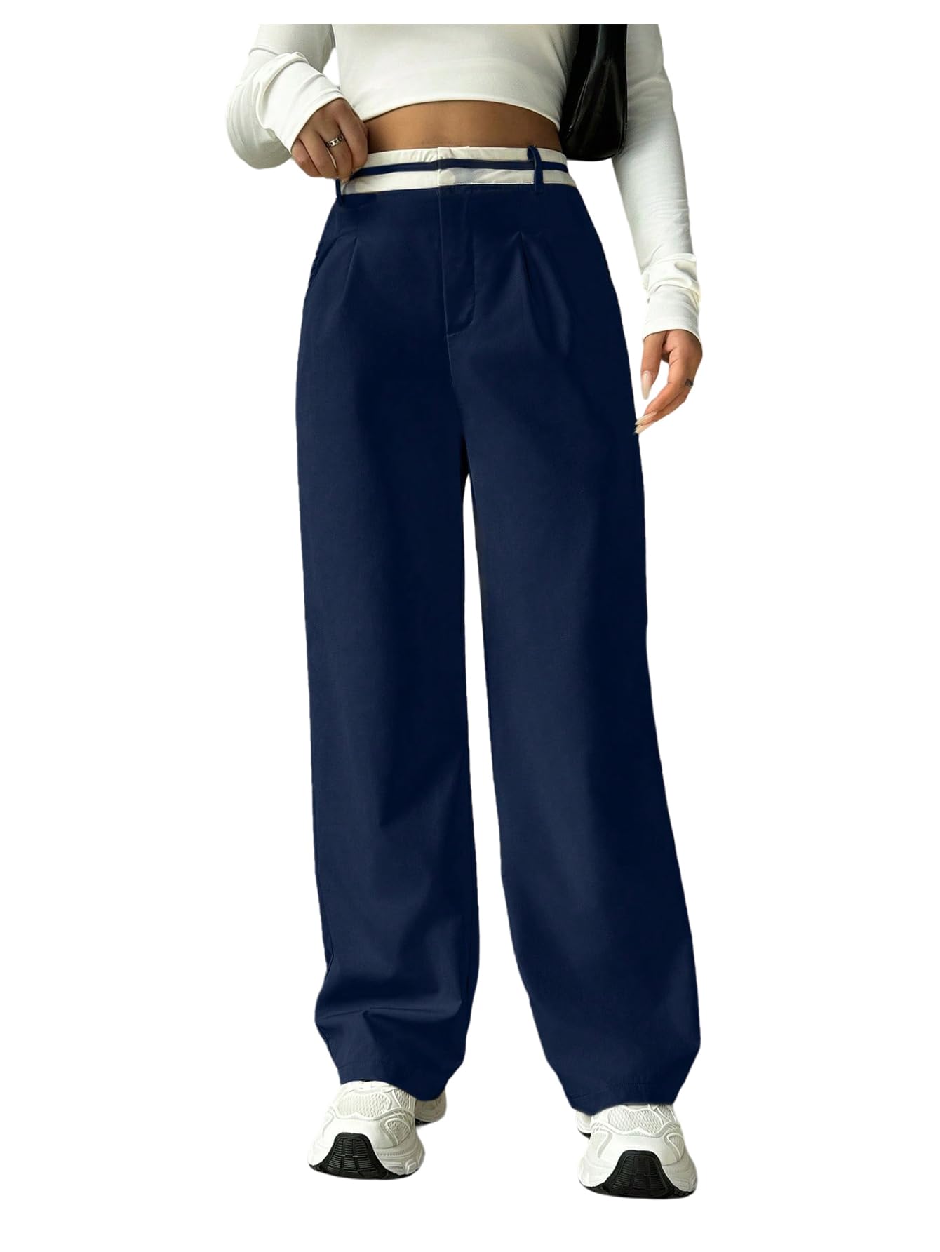 WDIRARA Womens High Waisted Wide Leg Pants Dressy Trousers with Pockets
