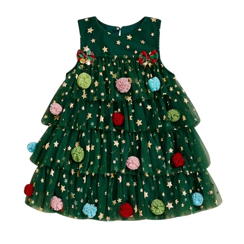 Toddler Baby Girl Christmas Dress Outfit Kids Little Girls Sequin Pompom Xmas Tree Tulle Tutu Christmas Dresses (Green Christmas Tree, 5-6 Years)