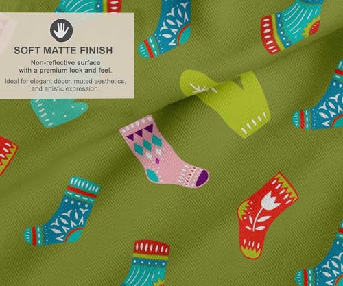 Image of Soimoi Green Cotton Canvas Fabric Socks & Gloves Folk Art Print Fabric by Meter 56 Inch Wide