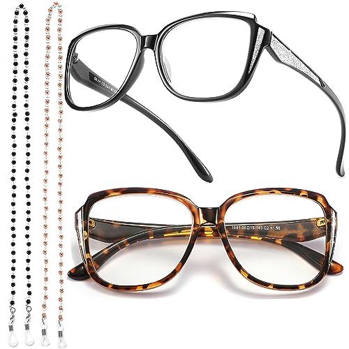 Image of Stylish Oprah Computer Glasses Blue Light Blocking, Retro Large Frame with Fashion Eyeglasses Chains for Women 2 Pack +0.0