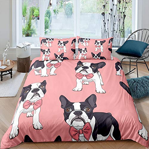 Juego de ropa de cama infantil con diseño de bulldog con Pink Tie en blanco y negro, 200 x 200 cm, 3 piezas, cremallera de microfibra
