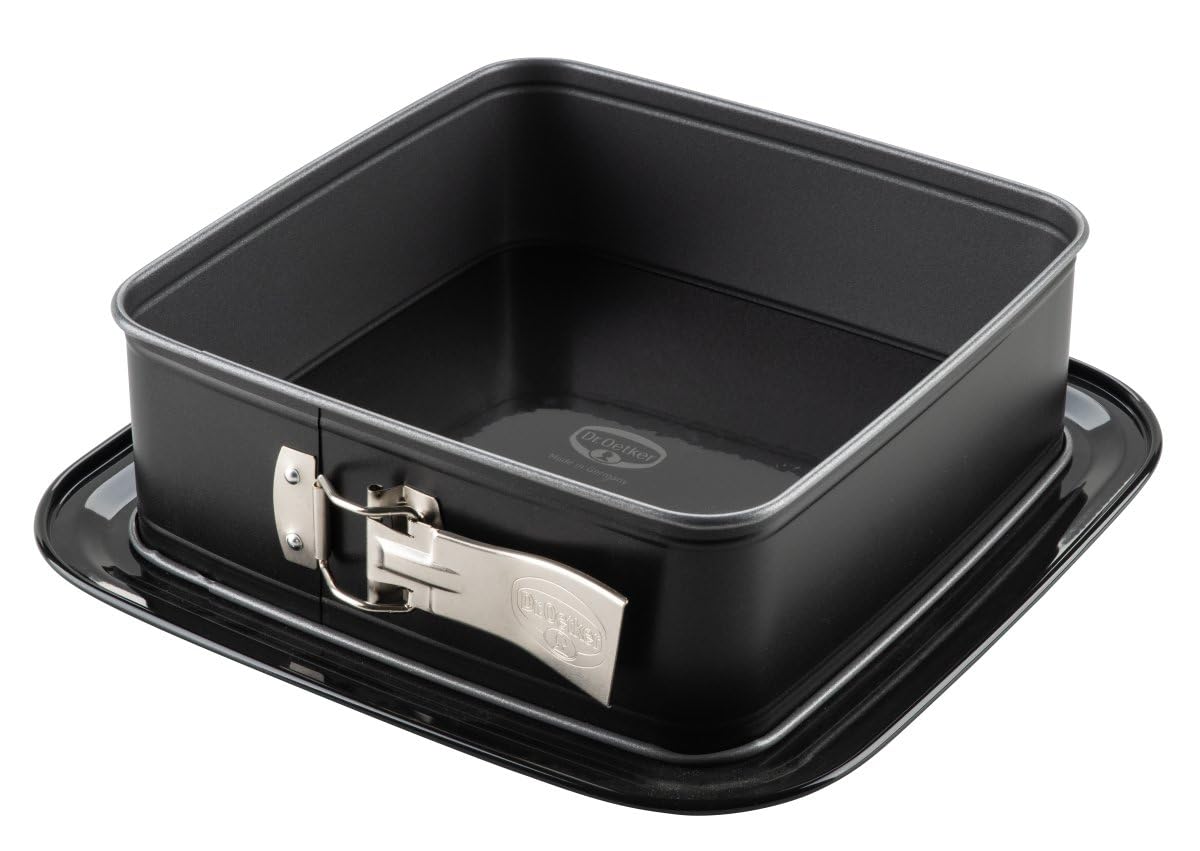 Dr. Oetker Square Springform Cake Tin with Enamel Serving Base - Perfect for Cakes and Cakes, 24 x 24 x 8.5 cm, Non-Stick, Heat Resistant, Black/Silver