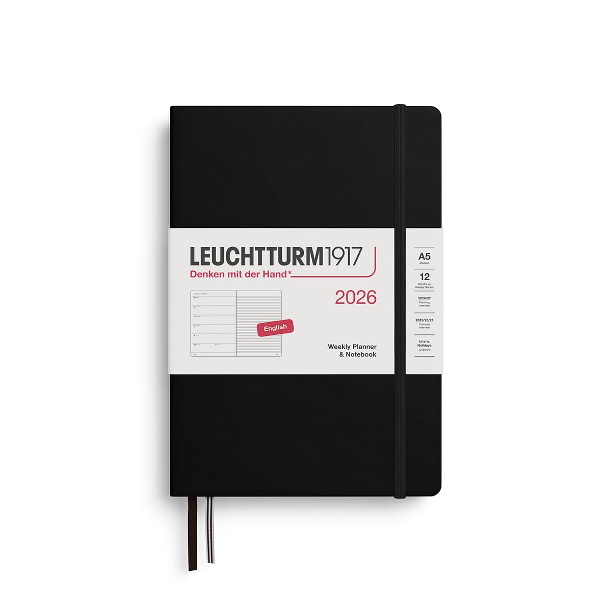 LEUCHTTURM1917 372650 Weekly Planner & Notebook Medium (A5) 2026 Hardcover, 12 Months, Black, English