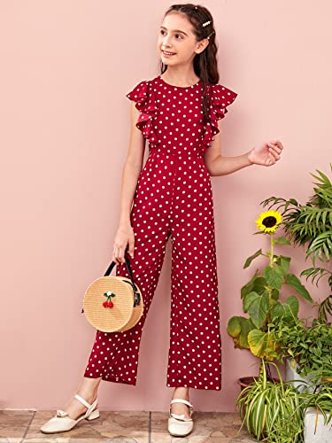 Wdirara Girl's Polka Dots Ruffle Trim Cap Sleeve Round Neck Wide Leg Jumpsuit Burgundy 11-12Y #TOP3