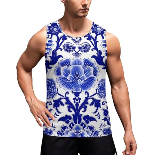 Blue and White Porcelain Men's Tank Tops Summer Sleeveless T-Shirts Gym Workout Tee Casual Beach Tee