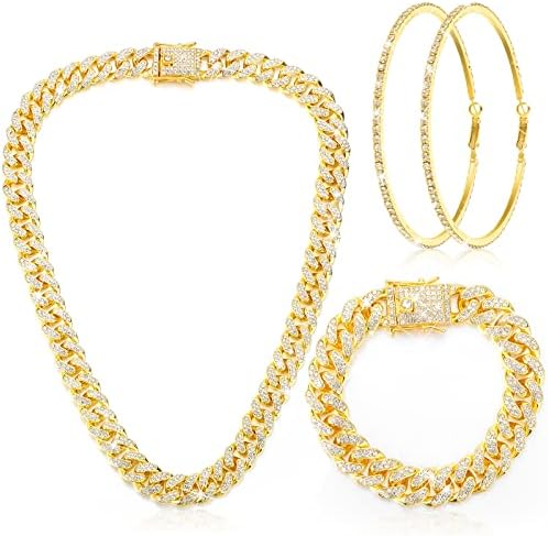 Cuban Link Chain Necklace Bracelet Rhinestone Hoop Earrings Set Bling Necklace Bracelet Crystal Big Circle Earrings for Girls (Gold, 20 Inch)
