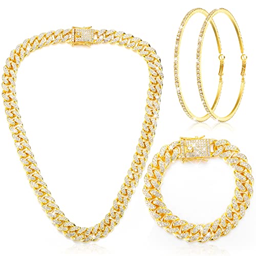 Cuban Link Chain Necklace Bracelet Rhinestone Hoop Earrings Set Bling Necklace Bracelet Crystal Big Circle Earrings For Girls (Gold, 20 Inch) #TOP1