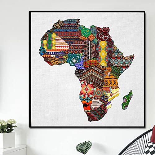 Carte de l'Afrique dans le style de motif Toile Affiche Art Africain Peinture HD Imprimé Photo Wall Art Salon Décoration de La Maison 40x40cm (16x16in) Sans Cadre