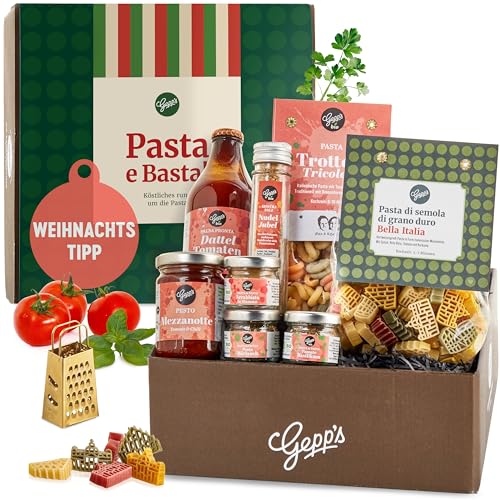 Gepp’s Feinkost Geschenkkorb für Pasta Liebhaber I Geschenkset mit italienischen Spezialitäten I Zwei Pasta & Pesto-Sorten, drei Sorten Pastagewürz und Kirsch- & Datteltomaten-Sauce & eine Reibe