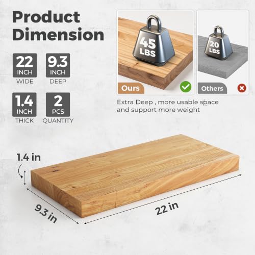 Image of RICHFOCUS Elm Floating Shelves for Wall - 22 inch W x 9.3 inch D Rustic Solid Wood Shelves with Invisible Bracket, Wall-Mounted for Living Room, Bedroom, Kitchen Storage & Display, Set of 2, Natural