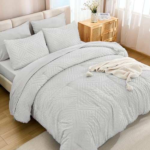 Image of Andency Light Grey Comforter Queen Size Set with Sheets - 7 Pieces Boho Bed in a Bag Tufted Bedding Sets Lightweight All Season Bed Set with Comforter, Sheets, Pillowcases & Shams