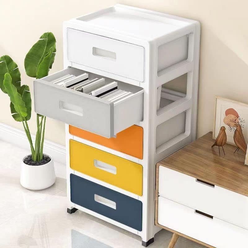 Drawer Cart Organizer, 5-Plastic Storage Drawers, Rolling Storage Cart for Classroom Supplies, Storage Organizer for Art Supplies, Home Storage Organizer with Removeable Wheels White, Gray, Yellow, Orange, Blue