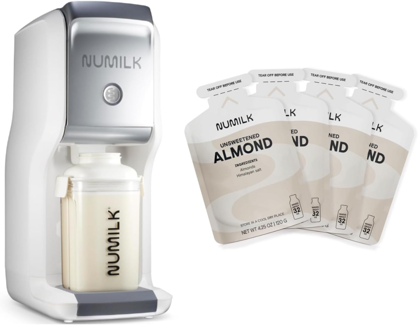 Numilk® Home Machine - 32oz Nut Milk Maker - Plant-Based Milk in 60 Seconds - As Seen on Shark Tank - Bundle with 4 Pack Unsweetened Almond