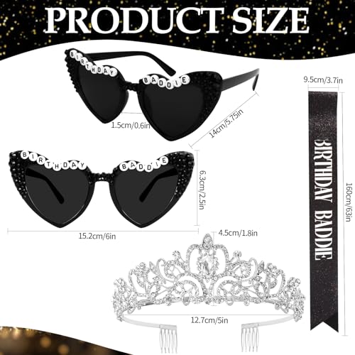 Baddie Party Decorations for Women, Birthday Baddie Sash, Heart-shaped Sunglasses, Black Sash with Sliver Foil for Birthday Accessories Party Favors Supplies3