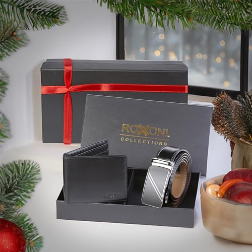 Roxoni Men's Ultra Soft Geniune Leather Rachet Belt & Wallet Gift Box2