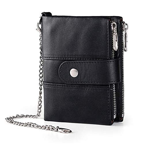 Image of boshiho Genuine Leather Bifold Chain Wallet for Men RFID Blocking | Heavy Duty Steel Anti-Theft Chain & 2 Zipper Coin Purse. Perfect for Bikers, Daily Commute, Gift for Dad /Husband