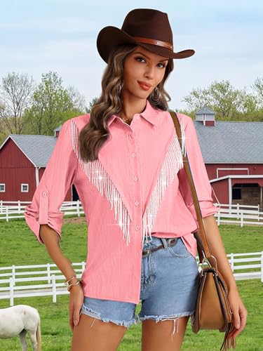 Image of MYMORE Womens Sparkly Fringe Shirt Western Cowgirl Country Concert Outfit