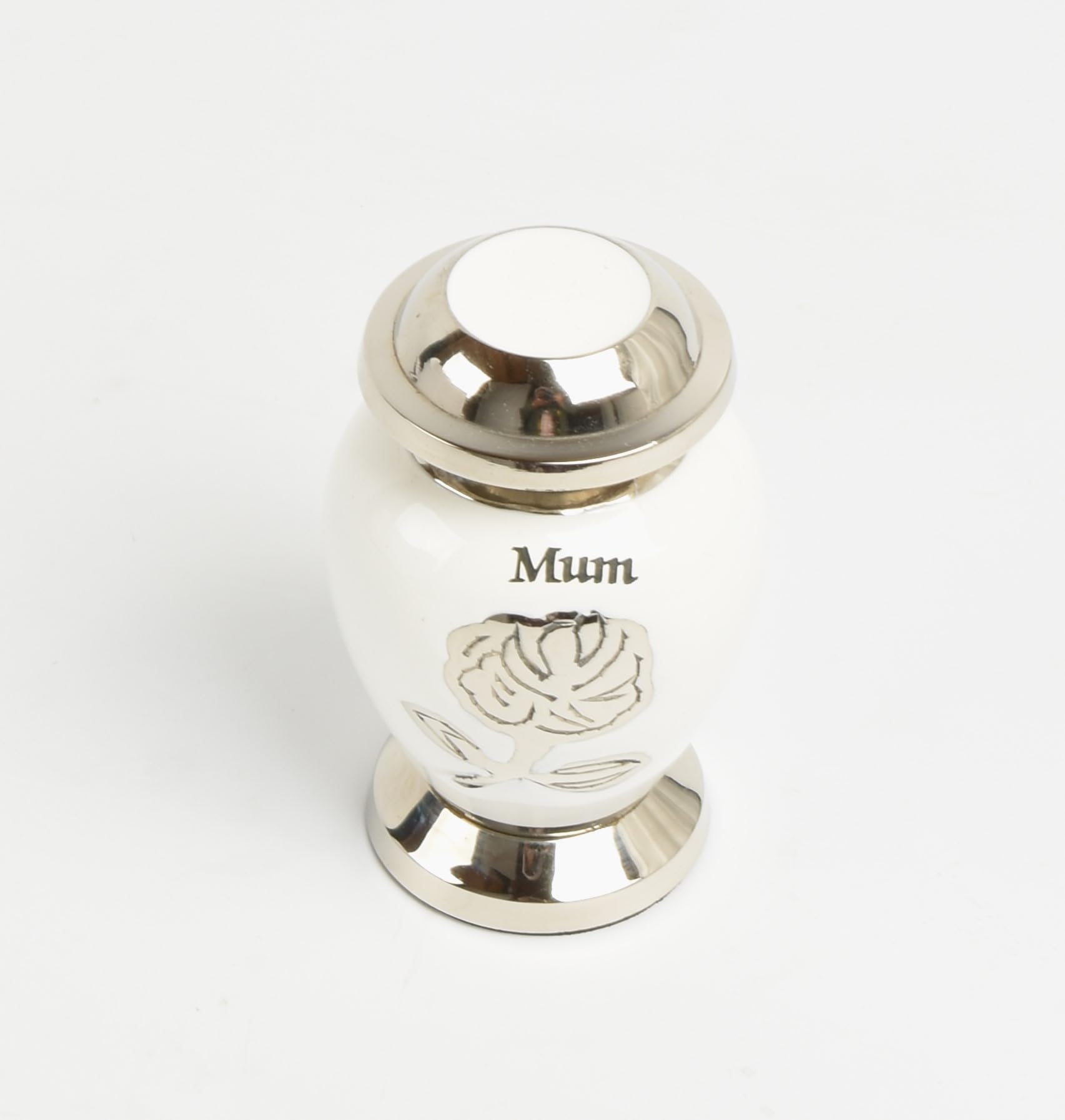 Small Keepsake Urn for Human & Pet Ashes – 3" Memorial Container With Velvet Presentation Gift Box - Capacity 7 Teaspoons - Handcrafted in Metal Aluminium Brass (Dove White Rose- Text Engraved) — image 1