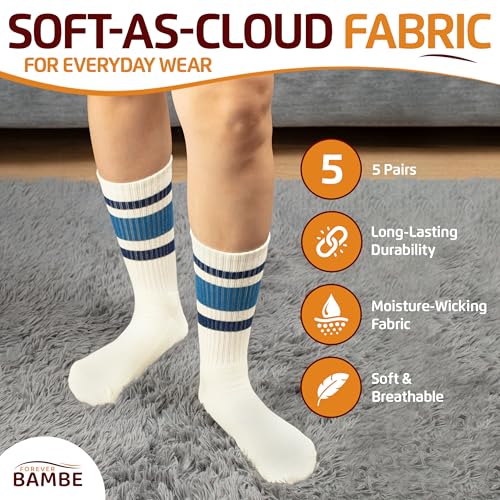 Striped Retro Crew Socks for Women - Pair of 5 Triple Striped Socks with Terry Cushioned Sole3