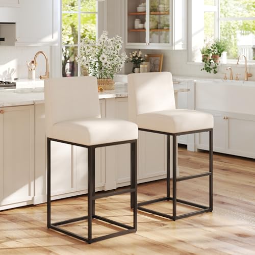 Image of HNY Modern Counter Height Bar Stool, Linen Fabric Upholstered Bar Stool with Backs, 31 Inch Kitchen Island Stools with Black Metal Frame, Cream