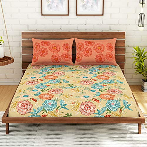 Image of Spaces Atrium Plus 210 TC 100% Cotton Queen Size Fitted Double Bedsheet with 2 Pillow Covers (Floral, 60 inch X 78 inch Inches ) - Beige
