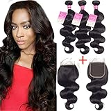 Brazilian Body Wave Bundles With Closure 8A Unprocessed Virgin Hair Body Wave Human Hair 3 Bundles With Closure Free Part, 10/12/14+8 Inch