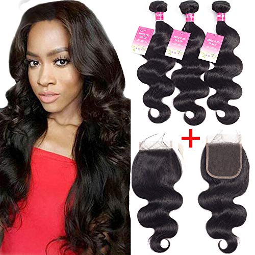 Brazilian Body Wave Bundles With Closure 8A Unprocessed Virgin Hair Body Wave Human Hair 3 Bundles With Closure Free Part, 10/12/14+8 Inch