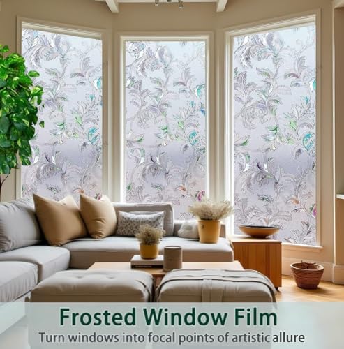 Image of CREON Window Film Decorative Leaves Pattern (12 X 50 Inch) Window Cling Frosted Reusable Anti-UV Non-Adhesive Static Cling Privacy Film for Home Office