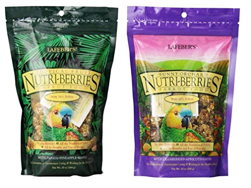 Lafebers Nutri-Berries Parrot Food 2 Flavor Variety Sampler Bundle: (1) Papaya/Pineapple/Mango, and (1) Cranberries/Apricots/Dates, 10 Oz. Ea. (2 Bags)