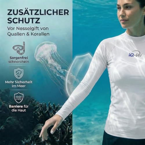 iQ-UV Sportshirt Damen Langarm Slim Fit Weiß S – UV Shirt für Damen für Wasser & Sport – Rash Guard mit UV-Schutz – Langarm Sportshirt – Ideal zum Schnorcheln und Schwimmen