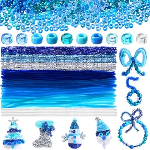 Daifunli 1200 Pcs Winter Blue Pony Beads Bulk with 120 Pieces 12 Inch Multi Colored Pipe Cleaners Chenille Stems Fuzzy Sticks Blue Seed Beads for Bracelets Jewelry Making Winter Christmas Decorations Cover