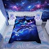 feelingyou Delfine Bettwäsche-Set,Schönes Ozeantier Bettwäsche Set 135x200cm,Lila Blaue Planeten Betten Set für Kinder Jungen Mädchen Teenager 2St.Reißverschluss Mikrofaser