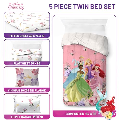 Image of Disney Princess Twin Comforter Set 5 Piece Bedding for Girls, Pink | Cinderella Rapunzel Ariel, Bed in a Bag, Comforter Sheets Sham Pillowcase, Official Product, Machine Washable, Girls Gift