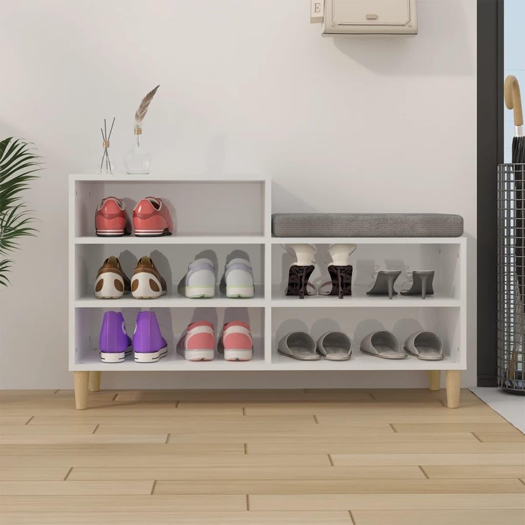 Regał na buty, wysoki połysk, biały, 102 x 36 x 60 cm, materiał drewnopochodny z 5 półkami, drewniane nogi i stabilna górna płyta do przechowywania i organizacji