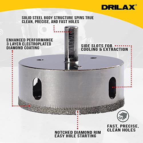 Drilax 3 Inch Diamond Hole Saw Tile Hole Cutter Drill Bit Ceramic, Porcelain, Tiles, Glass, Marble, Granite, Quartz, Drain Installation 3 Inch Tile Hole Saw #TOP3