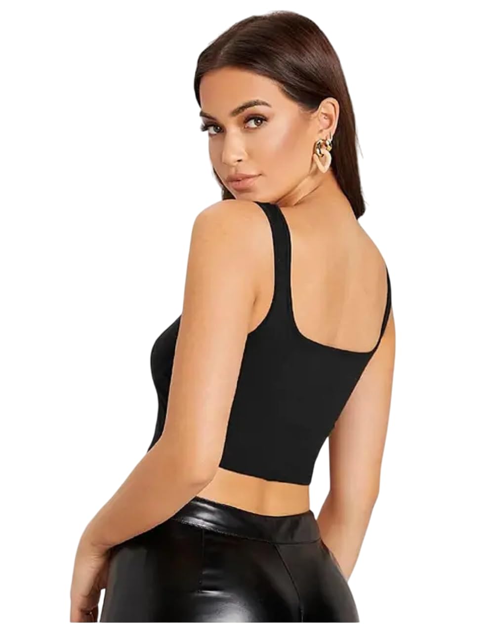 Cotone tinta unita, scollo quadrato, regolare/rilassante, corto, alla moda, alla moda, top corto alla moda a forma di V frontale, maglietta top, grazioso reggiseno a 6 pati per ragazze e