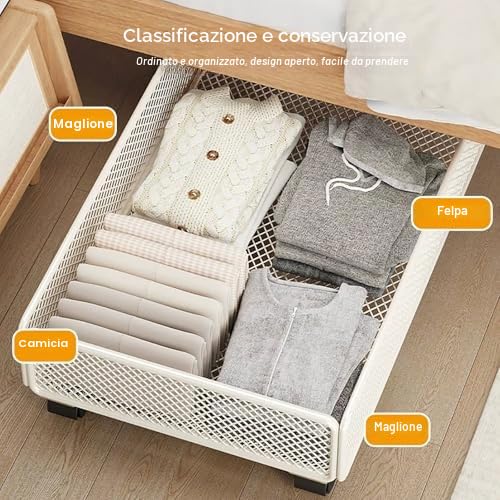 Contenitore sotto il letto con ruote, organizer per scarpe con cassetto in metallo, contenitore con rete traspirante per letto, divano e scrivania