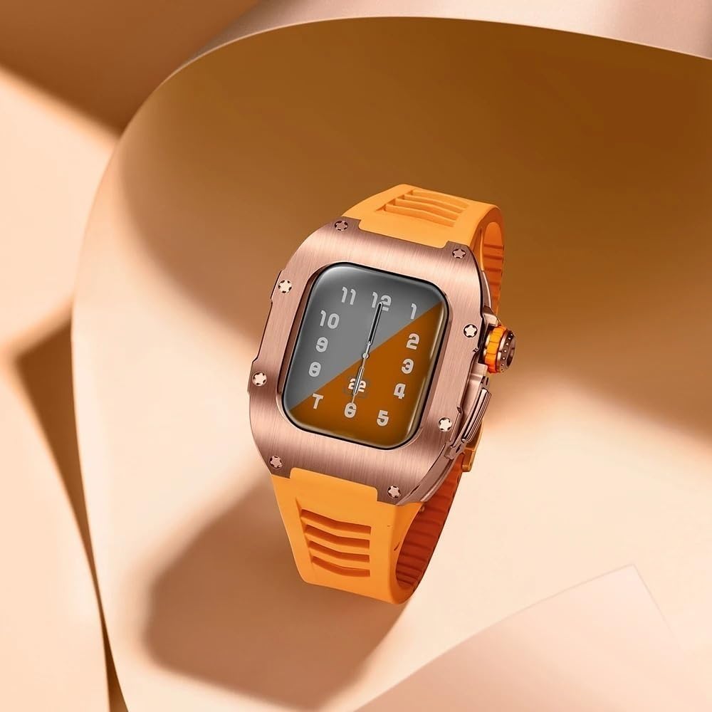 EZZON Tytanowe meta etui, gumowa opaska, zestaw mod, do Apple Watch 9, 8, 7, 6, 5, 4 SE, dla mężczyzn i kobiet, metalowe etui do zegarka, silikonowy pasek do zegarka, akcesoria zamienne do zegarka