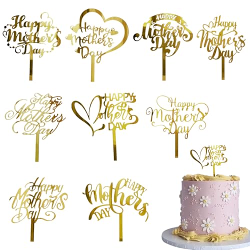 Mother's Day Cake Toppers Cupcake Decoration Gold Cupcake Toppers 9 Pcs Happy Mother's Day Cake Dessert Party Supplies